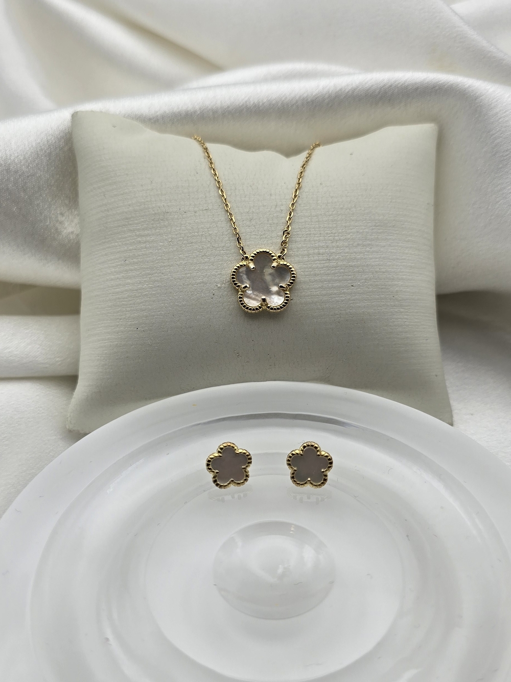 Gold Over Sterling Silver Necklace & Stud Earrings Set - White Mother of Pearl